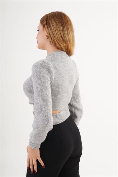 Taş İşlemeli Dekolte Detaylı Gri Kısa Kazak