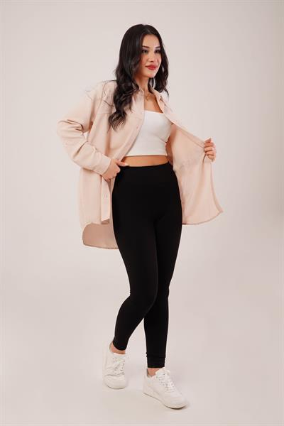 Tek Cep Full Oversize Bej Gömlek