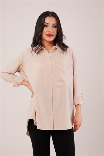 Tek Cep Full Oversize Bej Gömlek