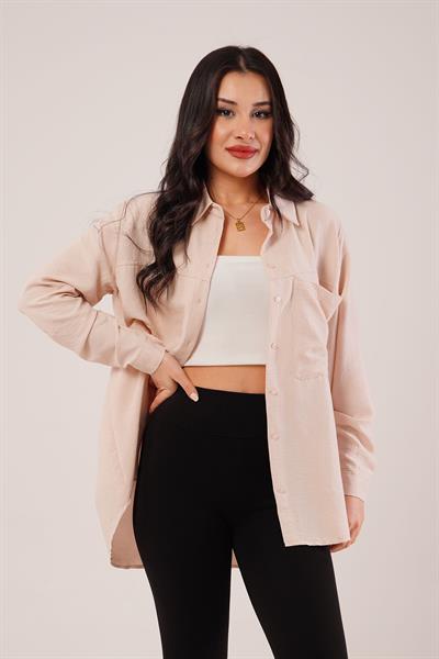 Tek Cep Full Oversize Bej Gömlek