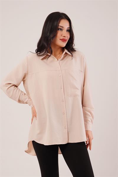 Tek Cep Full Oversize Bej Gömlek