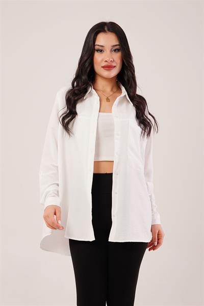 Tek Cep Full Oversize Beyaz Gömlek