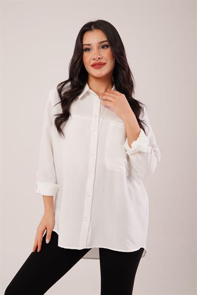 Tek Cep Full Oversize Beyaz Gömlek