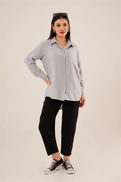 Tek Cep Full Oversize Gri Gömlek