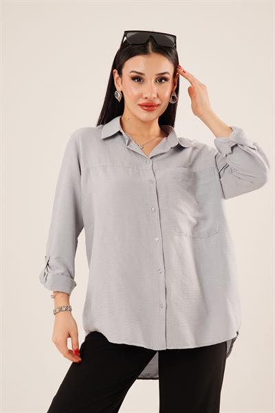 Tek Cep Full Oversize Gri Gömlek