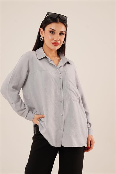 Tek Cep Full Oversize Gri Gömlek