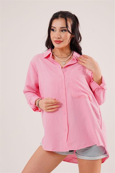 Tek Cep Full Oversize Pembe Gömlek