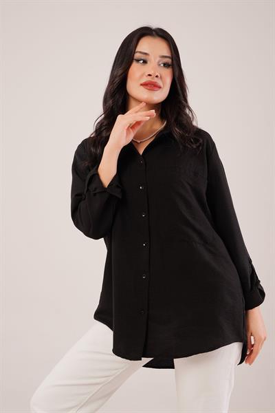 Tek Cep Full Oversize Siyah Gömlek