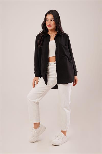 Tek Cep Full Oversize Siyah Gömlek