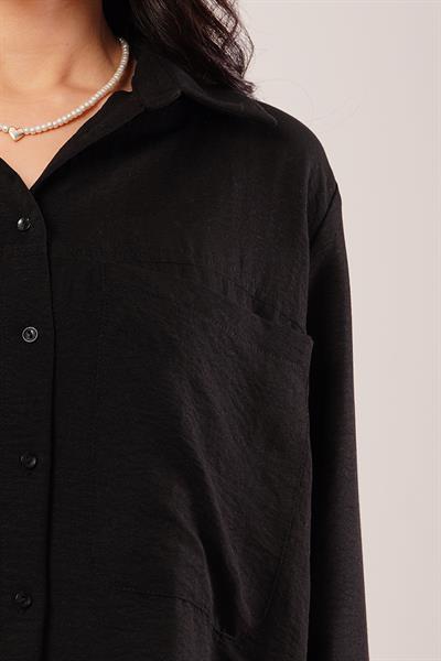 Tek Cep Full Oversize Siyah Gömlek