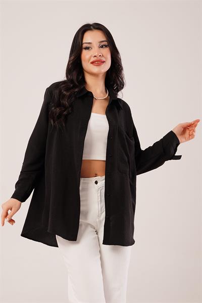 Tek Cep Full Oversize Siyah Gömlek