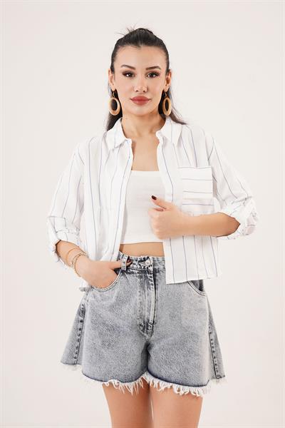 Tek Cepli Saks Çizgili Gömlek