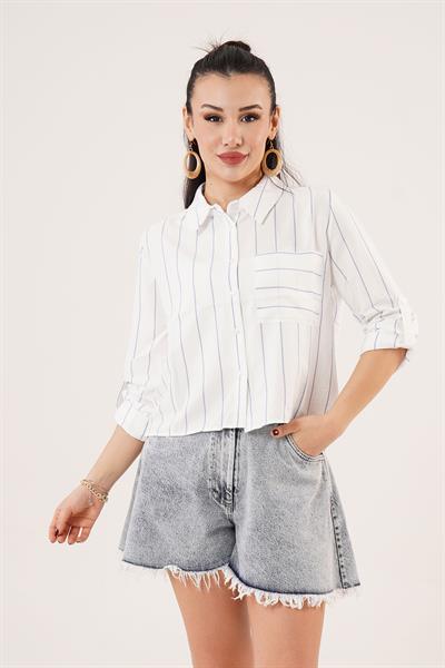 Tek Cepli Saks Çizgili Gömlek
