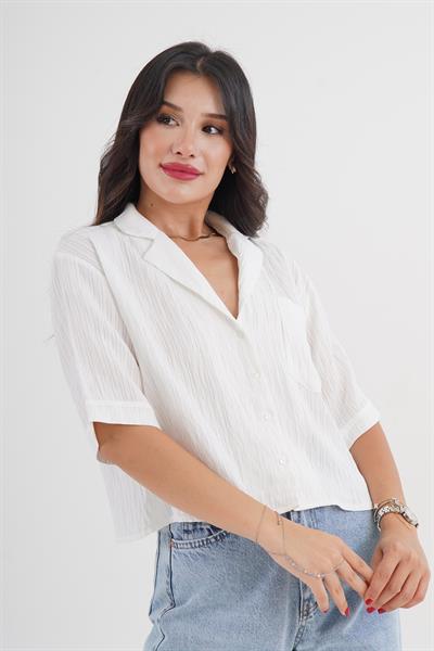 Tek Cepli V Yaka Kısa Kol Beyaz Gömlek