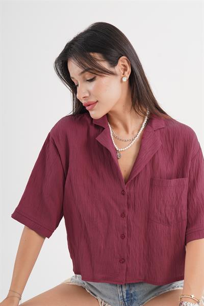 Tek Cepli V Yaka Kısa Kol Bordo Gömlek
