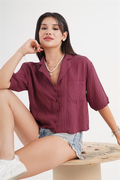 Tek Cepli V Yaka Kısa Kol Bordo Gömlek