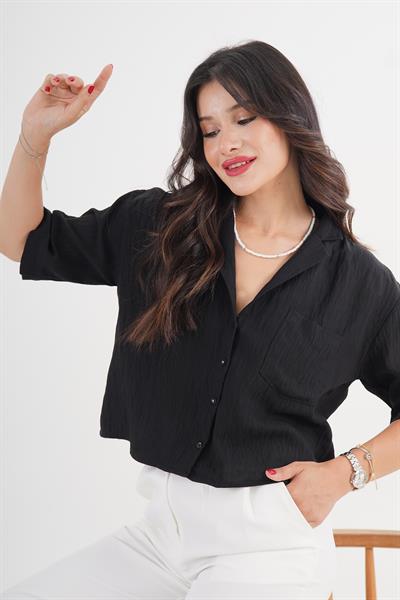 Tek Cepli V Yaka Kısa Kol Siyah Gömlek