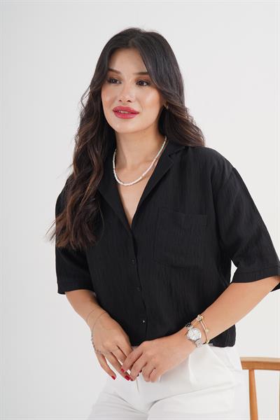 Tek Cepli V Yaka Kısa Kol Siyah Gömlek