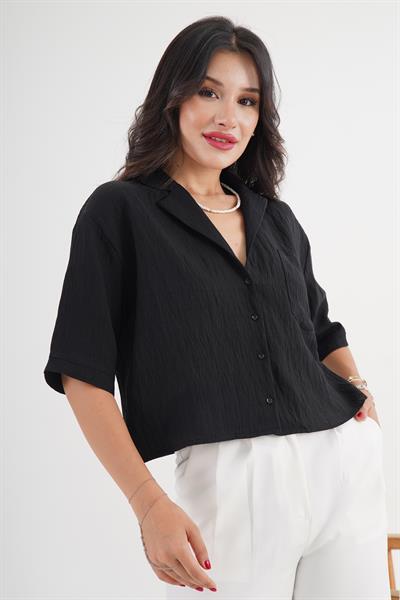 Tek Cepli V Yaka Kısa Kol Siyah Gömlek