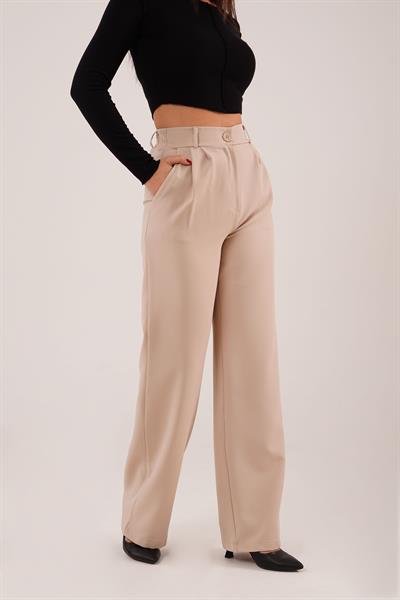Tek Düğme Cepli Palazzo Camel Pantolon