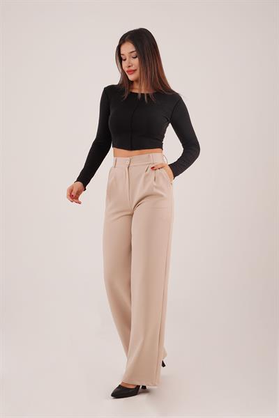 Tek Düğme Cepli Palazzo Camel Pantolon