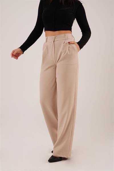 Tek Düğme Cepli Palazzo Camel Pantolon