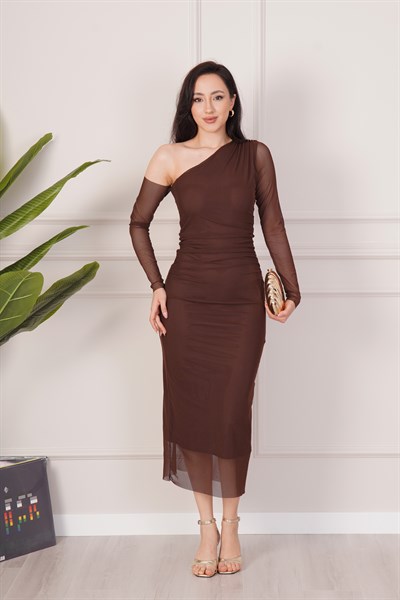 Tek Kol Drapeli Tül Kahve Midi Elbise