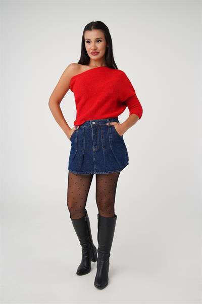 Tek Omuz Detaylı Kol Ribanalı Kırmızı Kazak