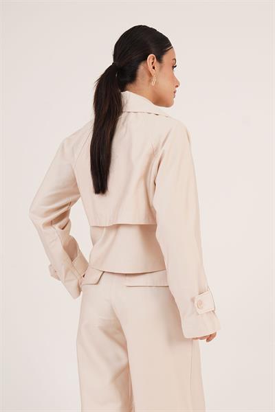 Düğmeli Astarlı Cepli Crop Trençkot Bej
