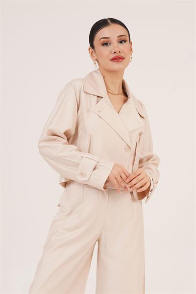 Düğmeli Astarlı Cepli Crop Trençkot Bej