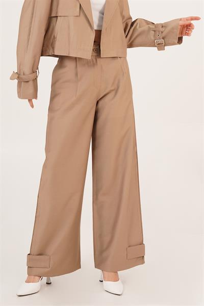 Paça Şerit Detaylı Pensli Gabardin Pantolon Vizon
