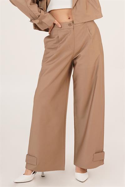 Paça Şerit Detaylı Pensli Gabardin Pantolon Vizon