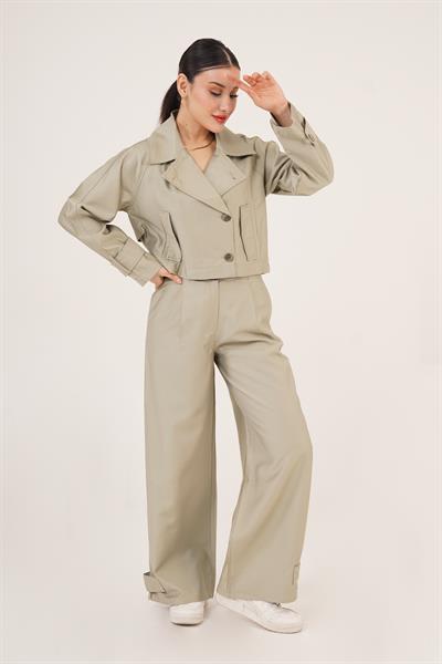 Paça Şerit Detaylı Pensli Gabardin Pantolon Çağla Yeşili