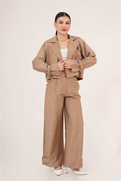Paça Şerit Detaylı Pensli Gabardin Pantolon Vizon