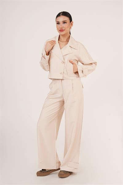 Paça Şerit Detaylı Pensli Gabardin Pantolon Bej