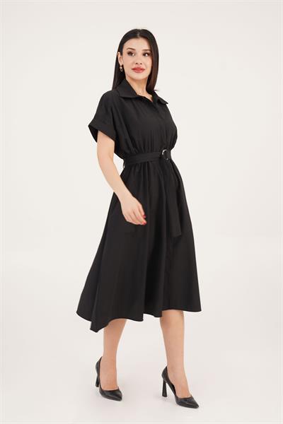 Kuşaklı Gizli Düğmeli Polo Yaka Siyah Elbise