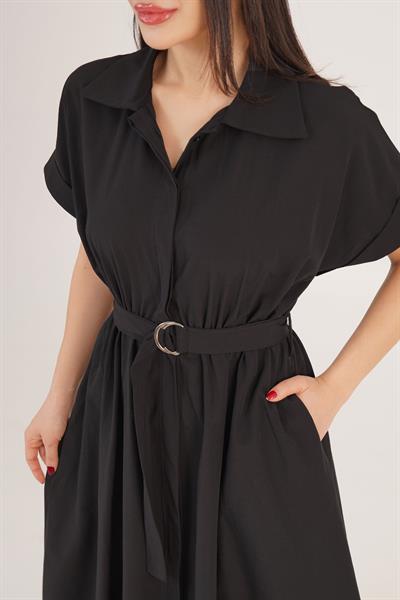 Kuşaklı Gizli Düğmeli Polo Yaka Siyah Elbise