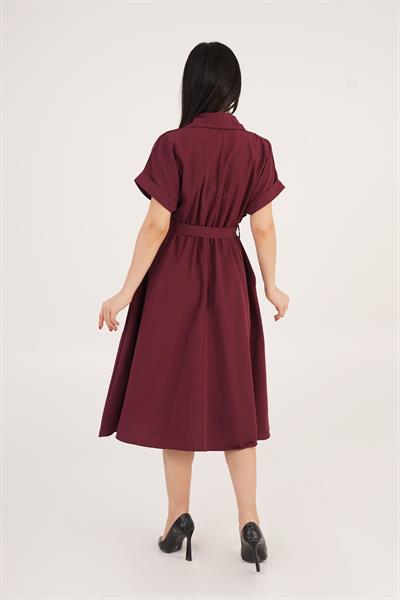 Kuşaklı Gizli Düğmeli Polo Yaka Mürdüm Elbise