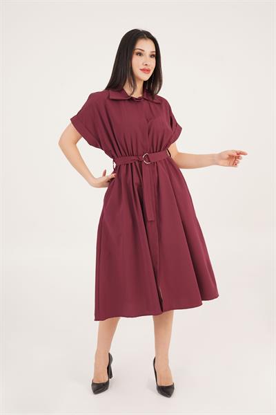 Kuşaklı Gizli Düğmeli Polo Yaka Mürdüm Elbise