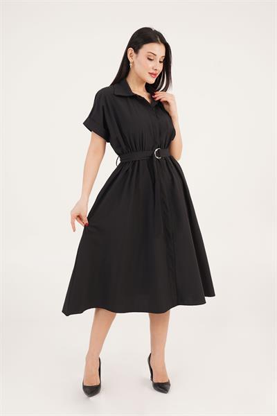 Kuşaklı Gizli Düğmeli Polo Yaka Siyah Elbise