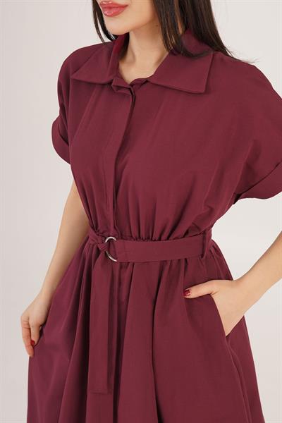 Kuşaklı Gizli Düğmeli Polo Yaka Mürdüm Elbise