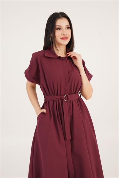 Kuşaklı Gizli Düğmeli Polo Yaka Mürdüm Elbise