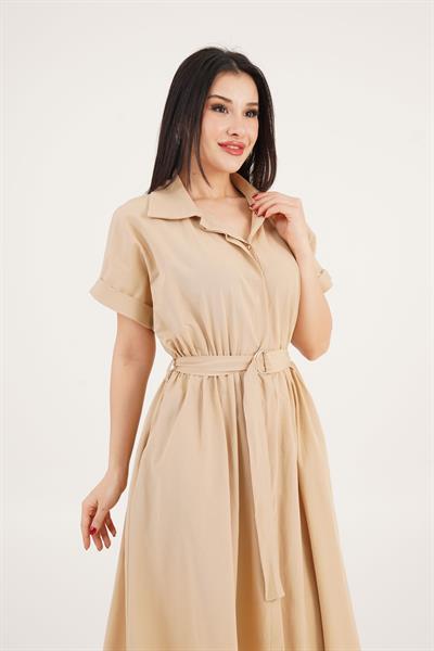 Kuşaklı Gizli Düğmeli Polo Yaka Camel Elbise