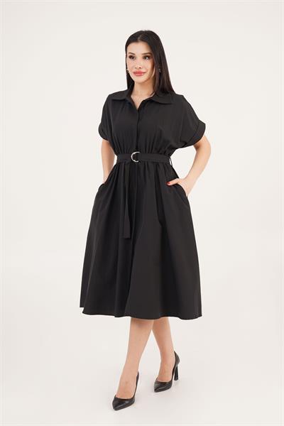 Kuşaklı Gizli Düğmeli Polo Yaka Siyah Elbise