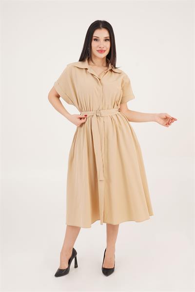 Kuşaklı Gizli Düğmeli Polo Yaka Camel Elbise