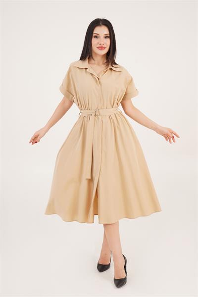 Kuşaklı Gizli Düğmeli Polo Yaka Camel Elbise