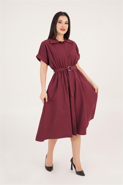 Kuşaklı Gizli Düğmeli Polo Yaka Mürdüm Elbise