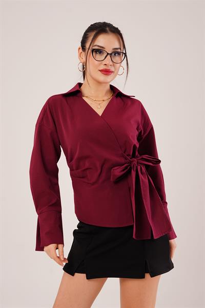 Kruvaze Yaka Yandan Bağlama Detaylı Bordo Gömlek	