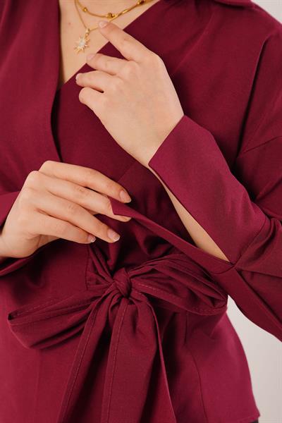 Kruvaze Yaka Yandan Bağlama Detaylı Bordo Gömlek	
