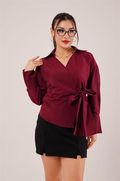 Kruvaze Yaka Yandan Bağlama Detaylı Bordo Gömlek	